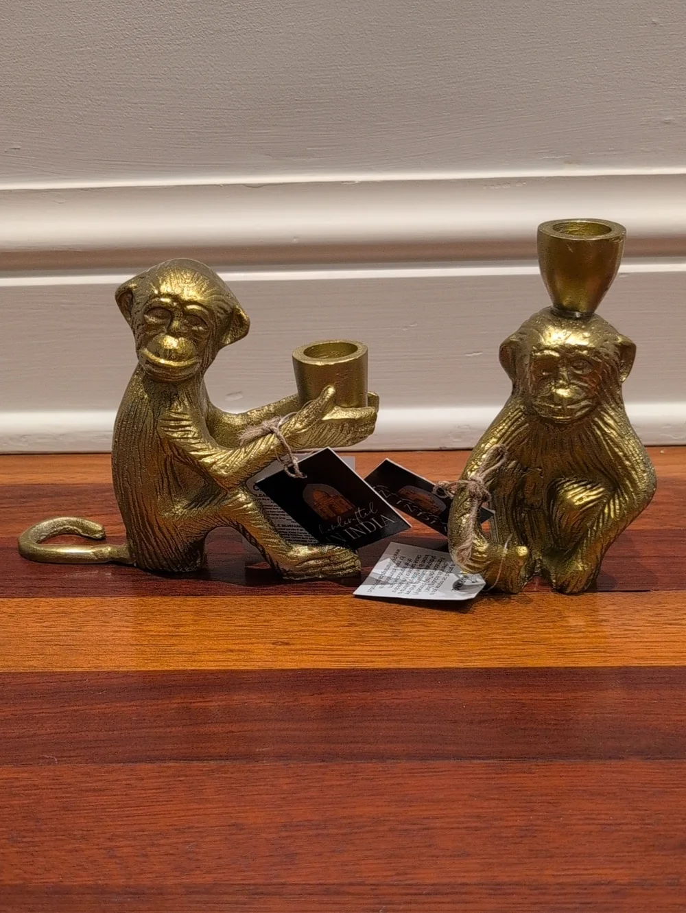 Set Of 2 Gold Colored Monkey Candle Holders
